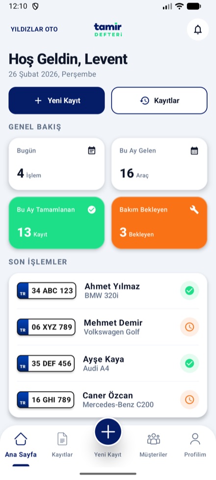 Tamir Defteri ana ekran